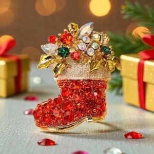Nordstrom Festive Red,Green Rhinestone and Goldtone Boot Brooch NWOT